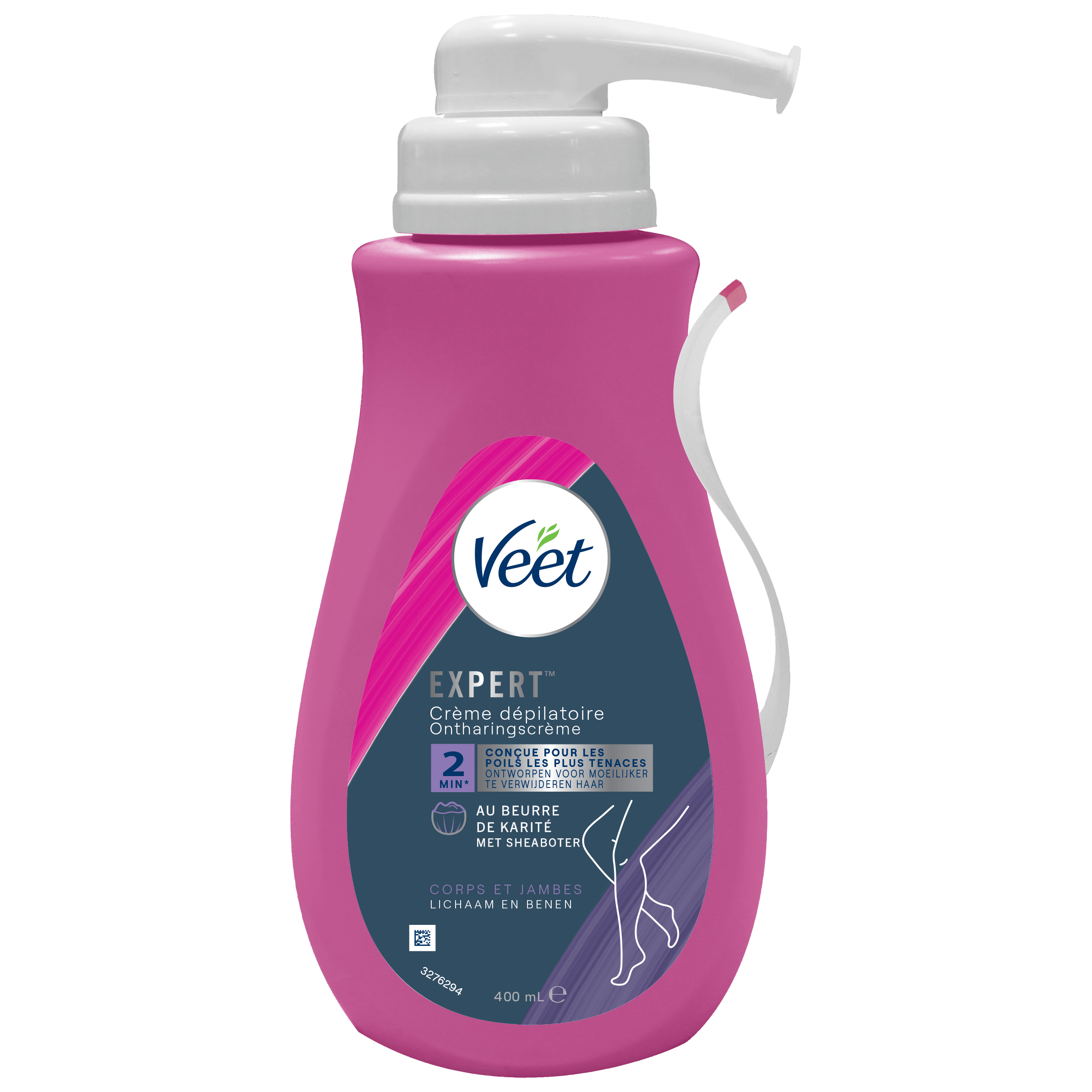 Veet Expert Crème Dépilatoire Peaux Sensibles Corps & Jambes, visuel relevé sur la page fabricant